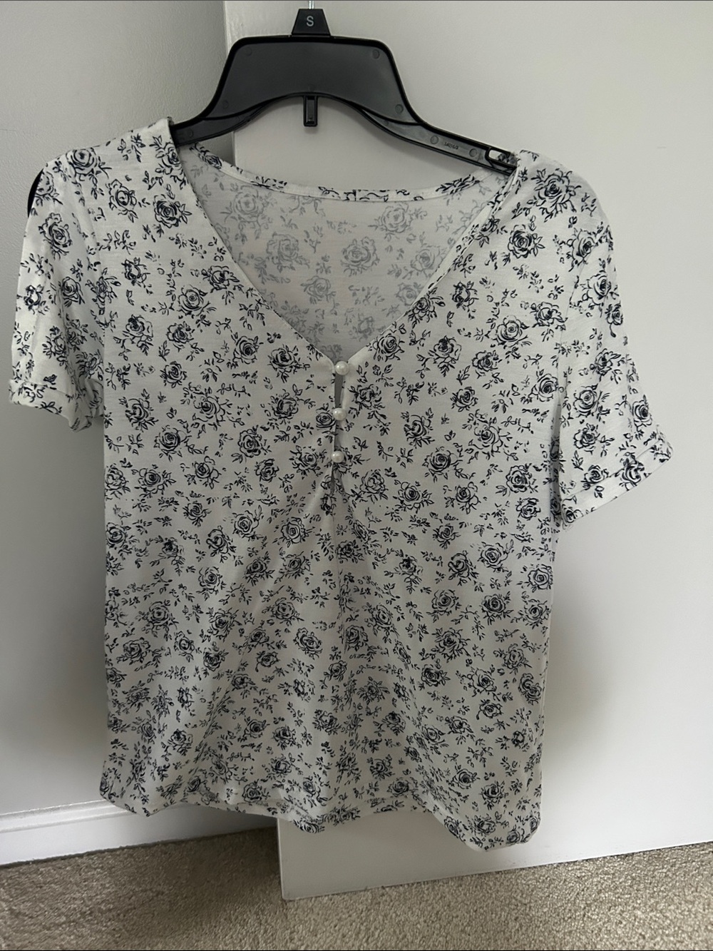 Women's White Floral V-Neck Top with Button Detail
